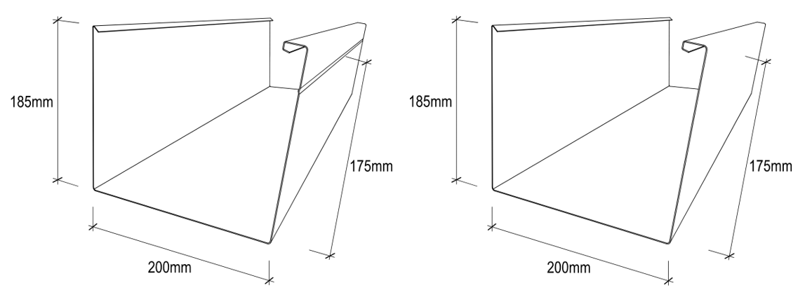 Stramit Commercial Eaves gutter - plain and ribbed profiles - dimensions