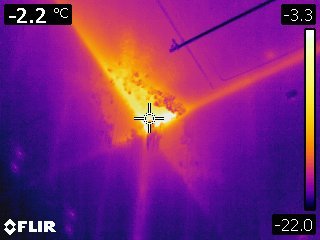 A leak in the vapour barrier in the corner of a cool store at the ceiling wall intersection