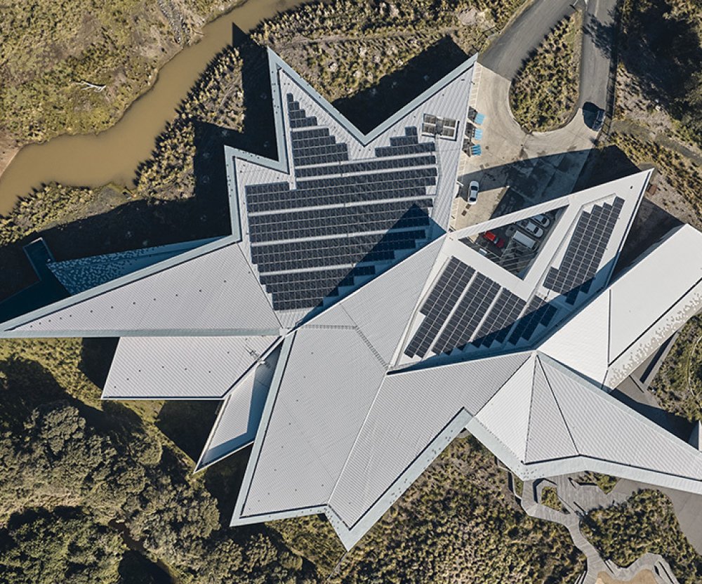 Penguin Parade Visitor Centre featuring roofing made from COLORBOND Ultra steel in the colour Cosmic aerial roof view